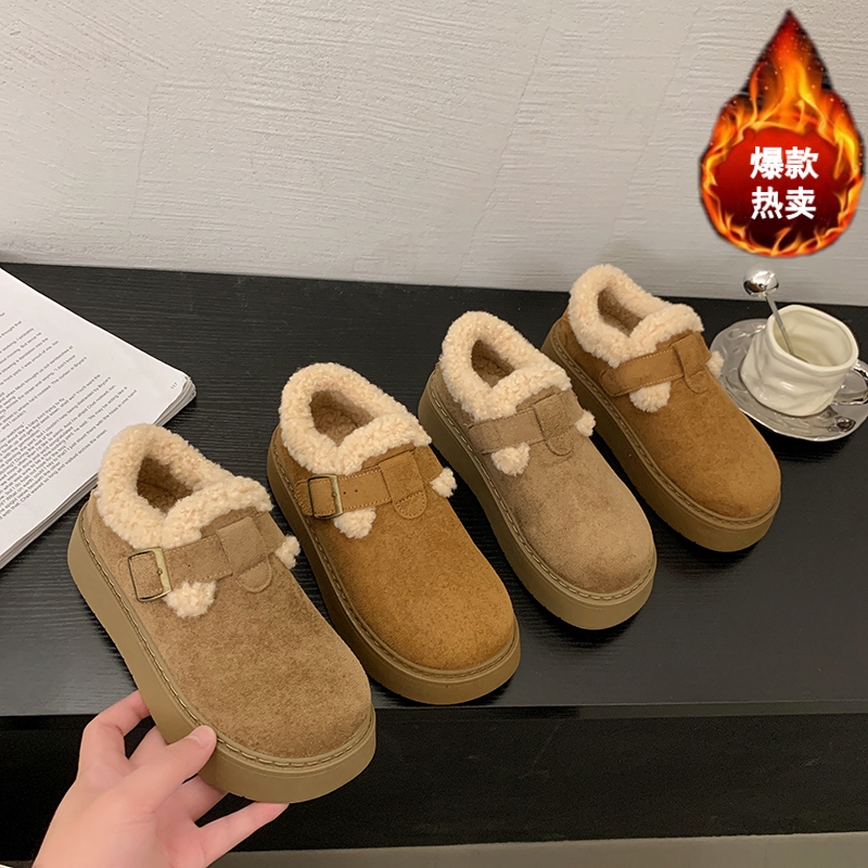 爆款勃肯加绒女鞋2025冬季新款保暖棉鞋厚底一脚蹬乐福鞋毛毛鞋女