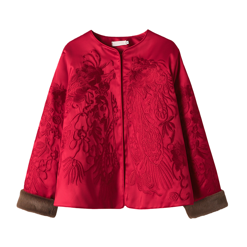 新中式古典汉服圆领盘扣夹棉改良丝绒提花刺绣女加厚红色新年外套