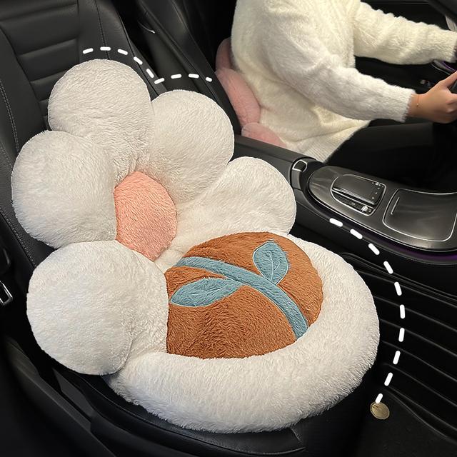 汽车坐垫冬季毛绒2025新款可爱女士花朵汽车一体座垫腰靠保暖加热