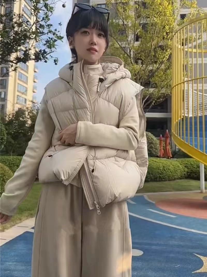 欧货轻薄马甲女短款2025秋冬新款小个子连帽无袖马夹外穿背心