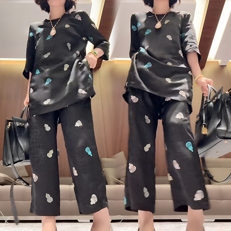 新中式葫芦提花七分袖上衣女2025夏季新新中式女士夏季七分袖套装