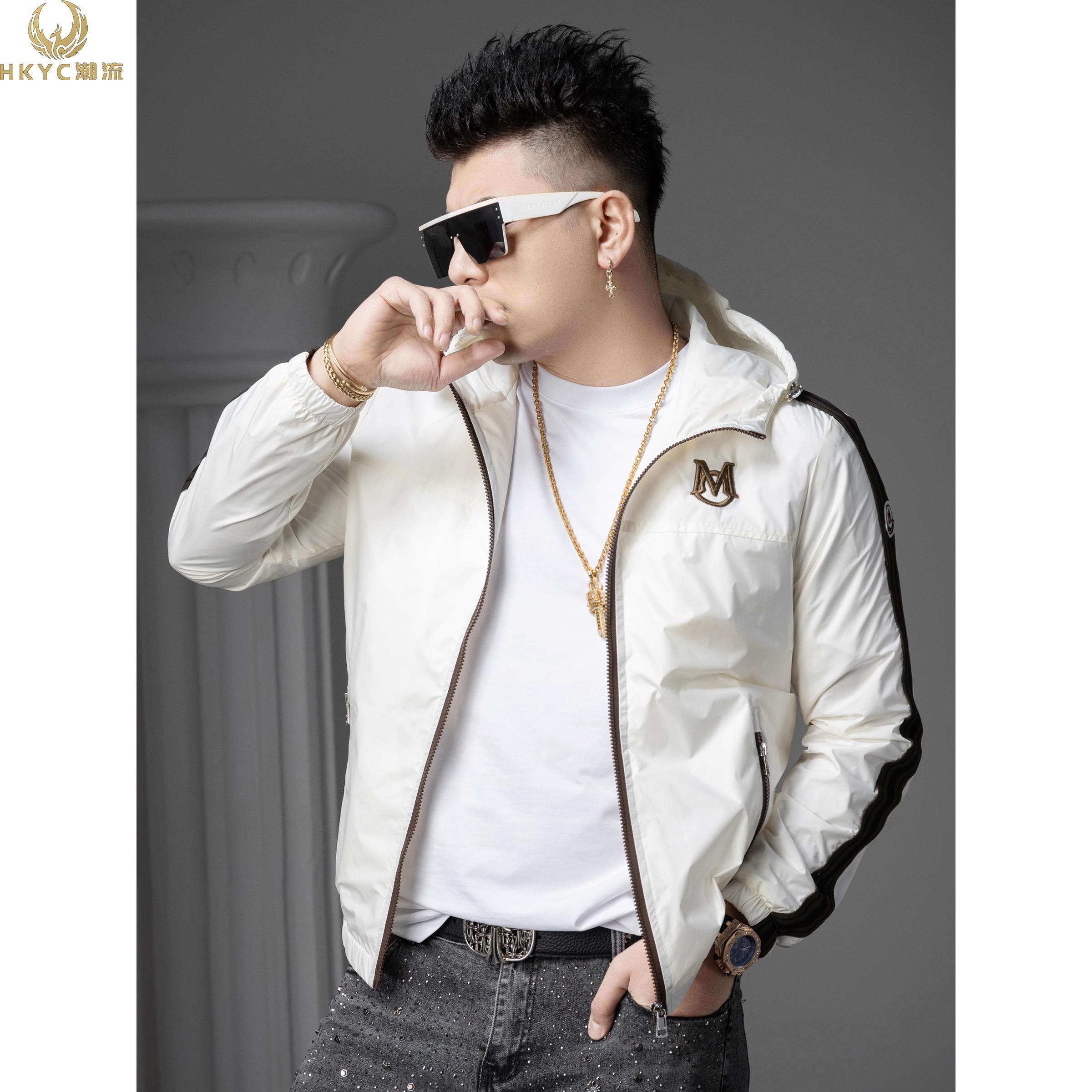 HKYC2025秋季新款潮牌字母刺绣连帽夹克男士上衣高级休闲外套男
