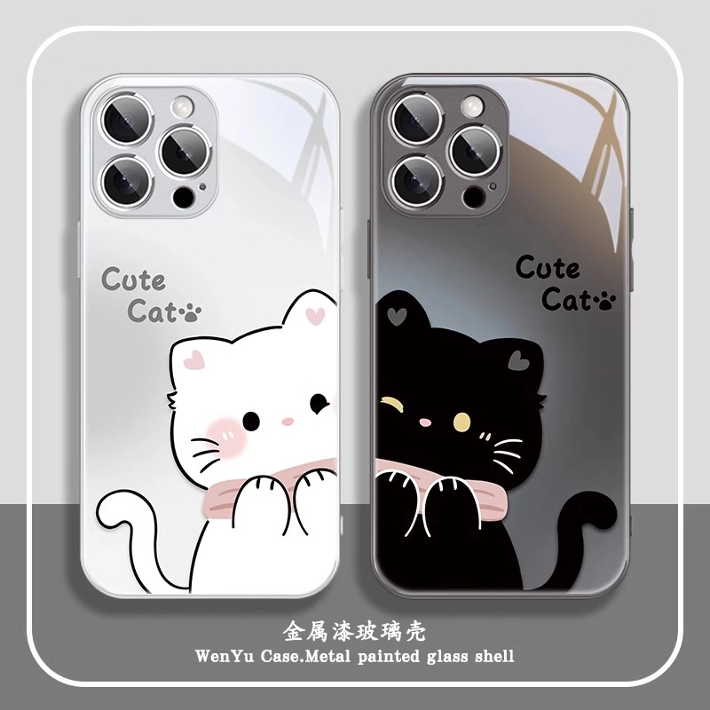 贴贴猫咪适用苹果/华为/小米/vivo/oppo情侣卡通高级感玻璃手机壳