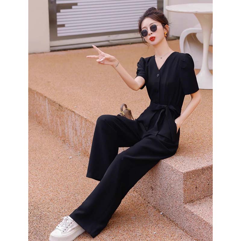 【送腰带】2025夏新款泡泡袖西装连体裤女工装连衣裤D2433