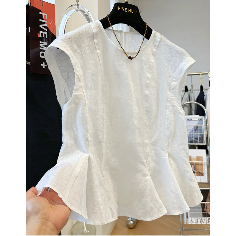 韩系洋气小裙摆圆领无袖小衫女夏季高端苎麻坎肩外穿马甲背心上衣