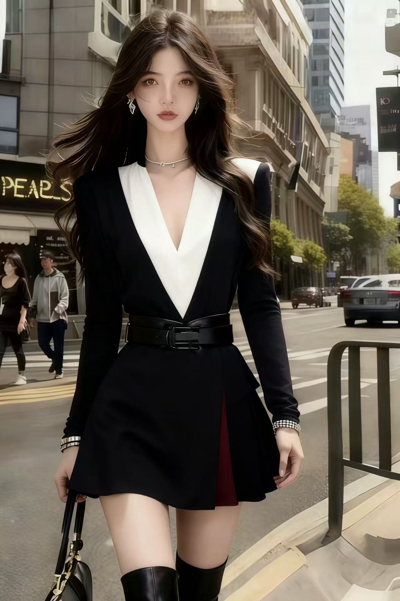 轻奢时尚氛围感通勤风撞色V领长袖收腰设计感气质显瘦百搭连衣裙