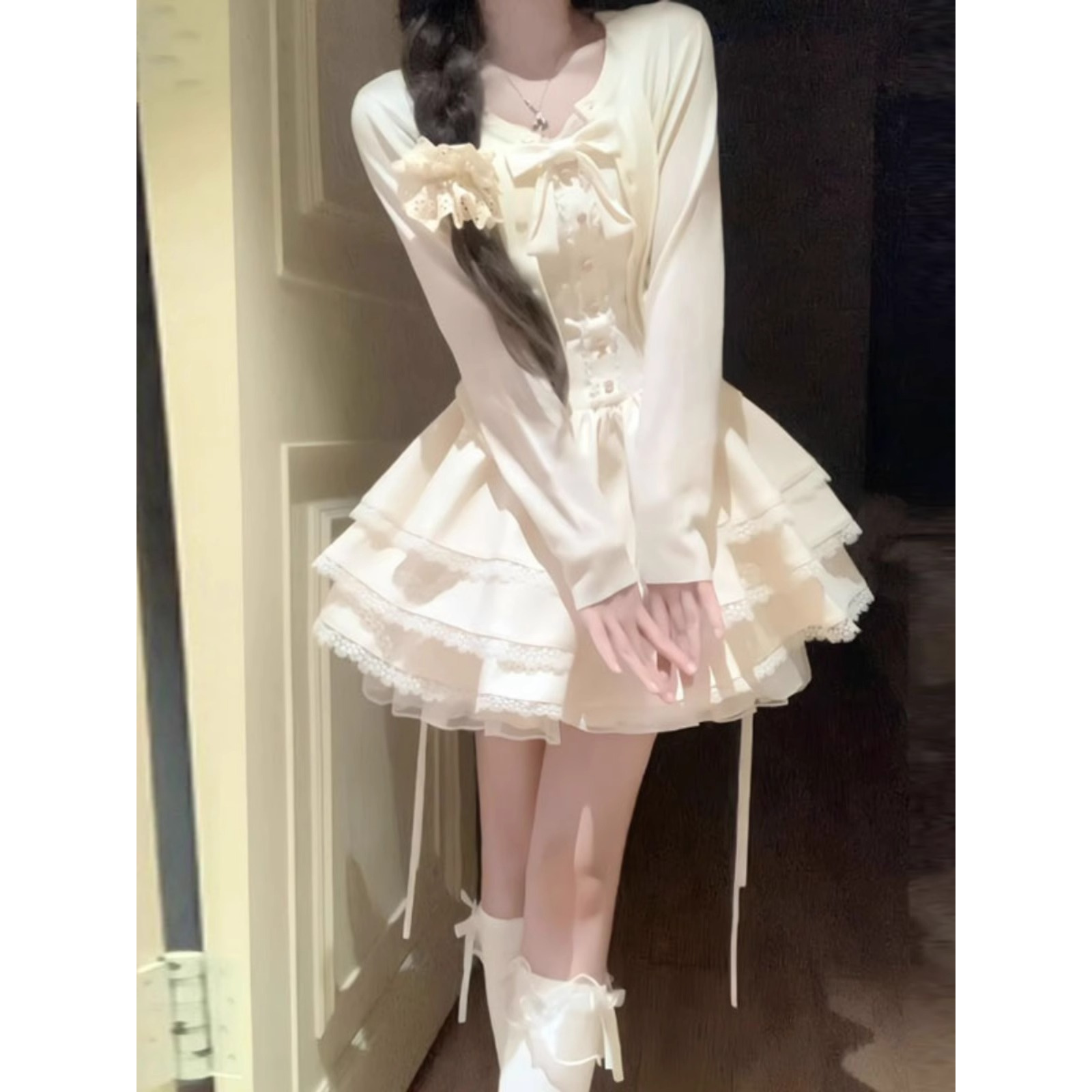法式甜美独特纯欲针织长袖开衫搭配高级蓬蓬蛋糕裙夏季穿搭两件套