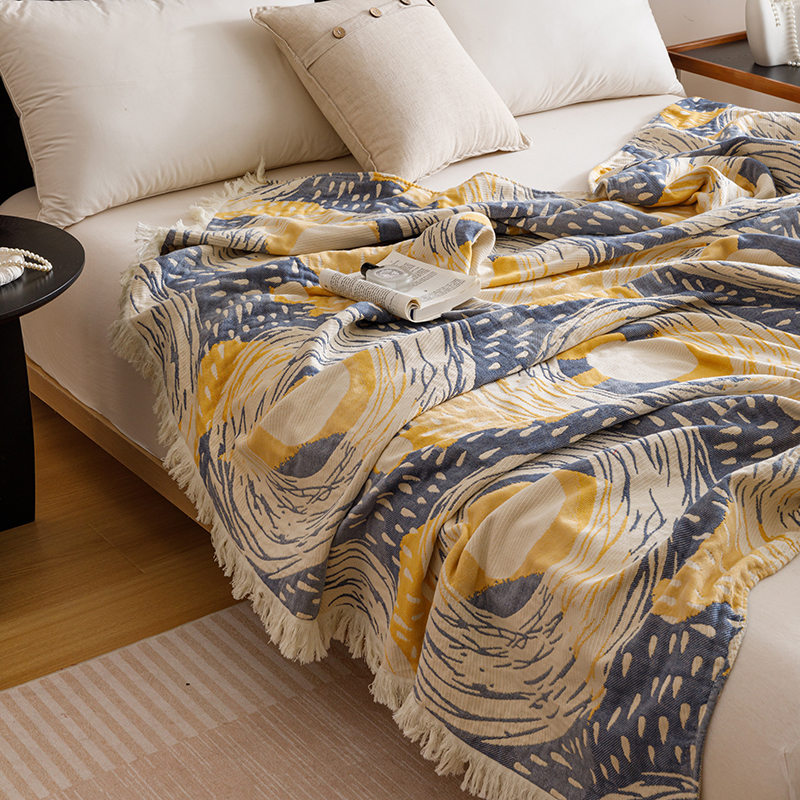 全棉多层纱布色织提花流苏盖毯午睡毯薄毯多功能沙发毯可铺可盖