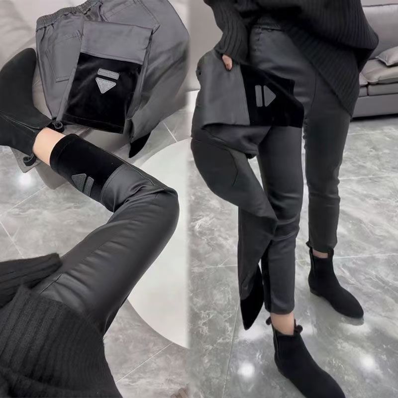 欧洲站2025秋冬金丝绒拼接涂层直筒裤女松紧腰弹力百搭九分裤
