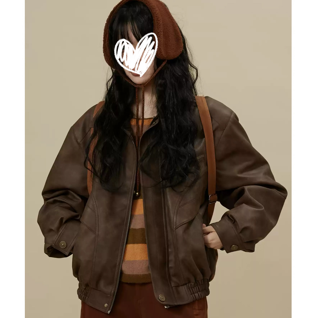 皮夹克外套秋季新款美式复古翻领皮夹克女宽松休闲色百搭机车外套