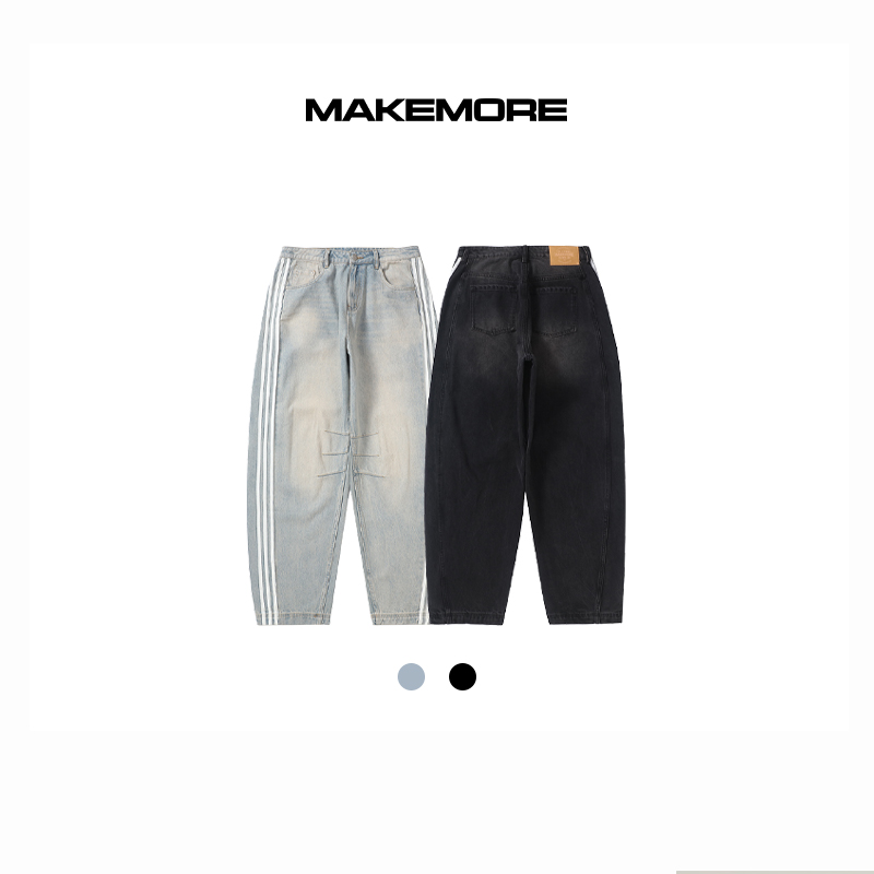 Makemore牛仔裤男款运动条纹直筒新款美式弯刀裤水洗蓝宽松长裤女