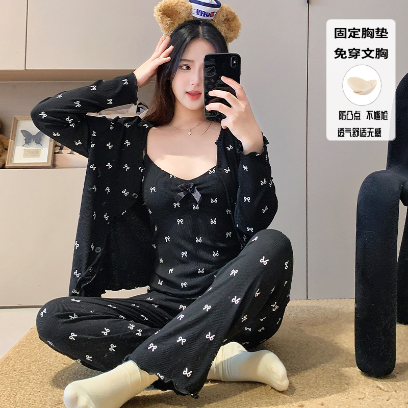 莫代尔睡衣女款带胸垫长袖长裤女款爆款2025新款女士家居服三件套