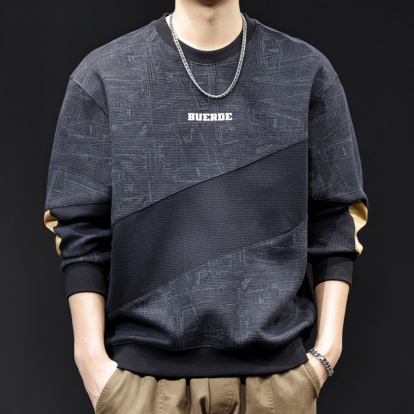 美式重磅提花撞色拼接卫衣男士秋冬新款潮牌宽松大码休闲加绒衣服