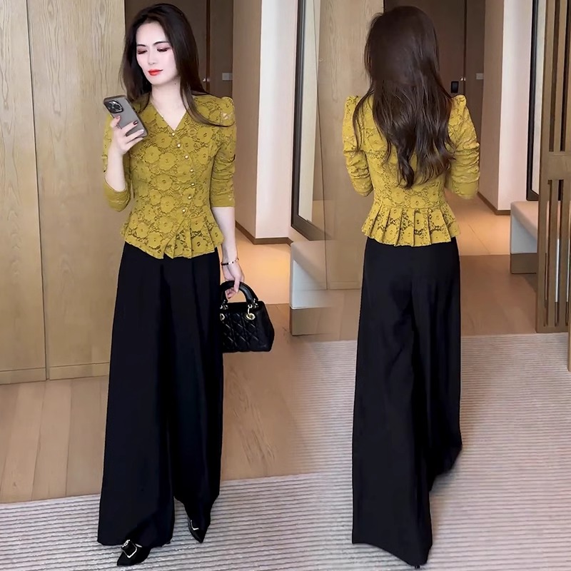 时尚套装女2025秋季新款设计感V领蕾丝衫洋气显瘦高级感打底衫