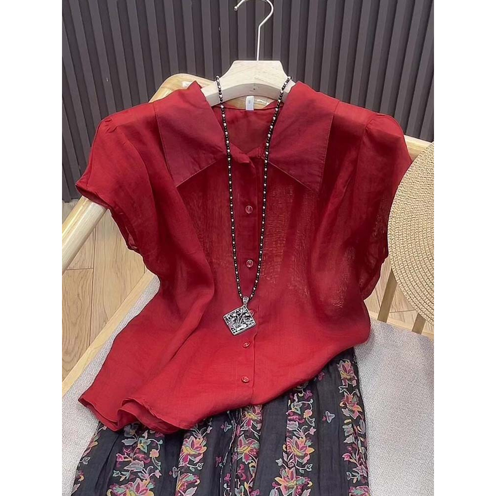 一眼惊艳感！真心好看~复古红色衬衫女休闲衬衣百搭宽松坎肩上衣