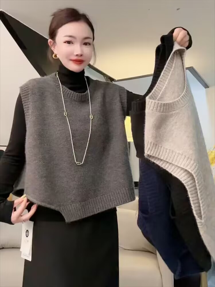 设计感不规则短款针织衫马甲女秋冬新款时尚宽松百搭外搭毛衣