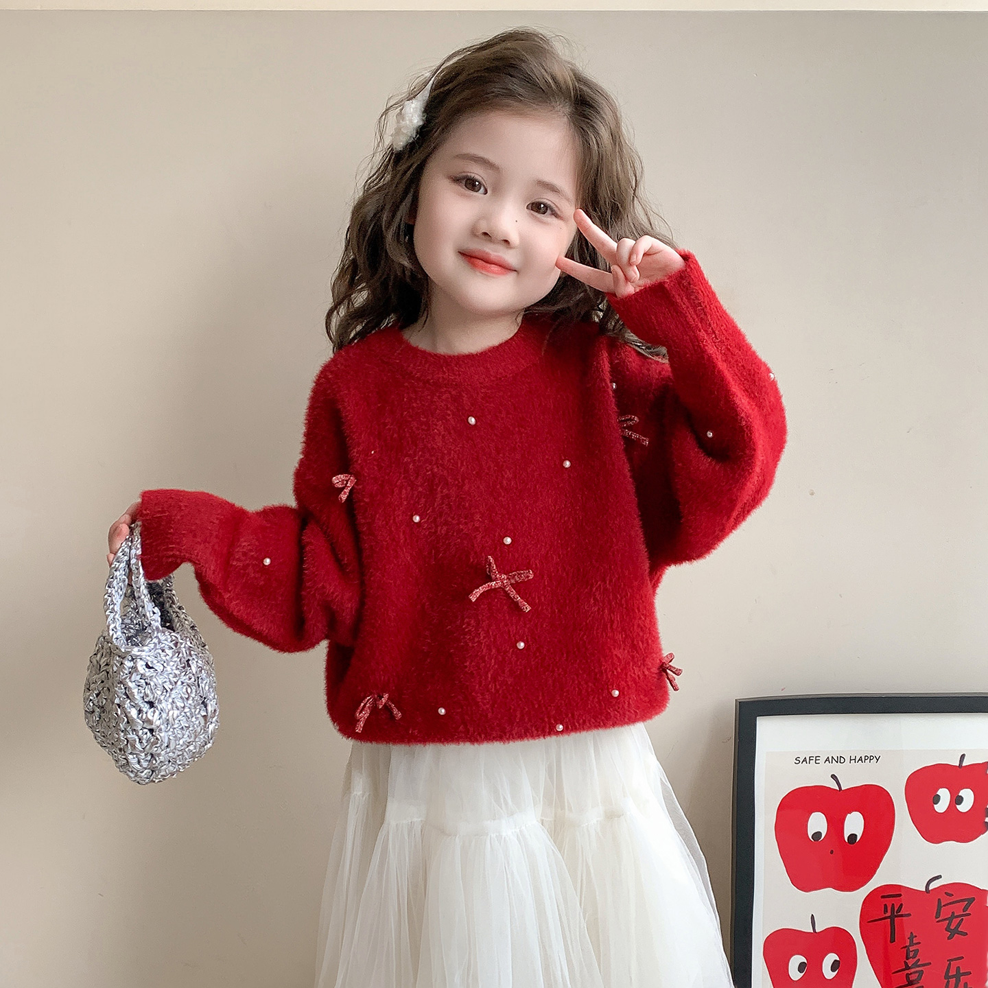 女童水貂绒加厚毛衣秋冬2025新款儿童甜美针织衫洋气宝宝内搭上衣