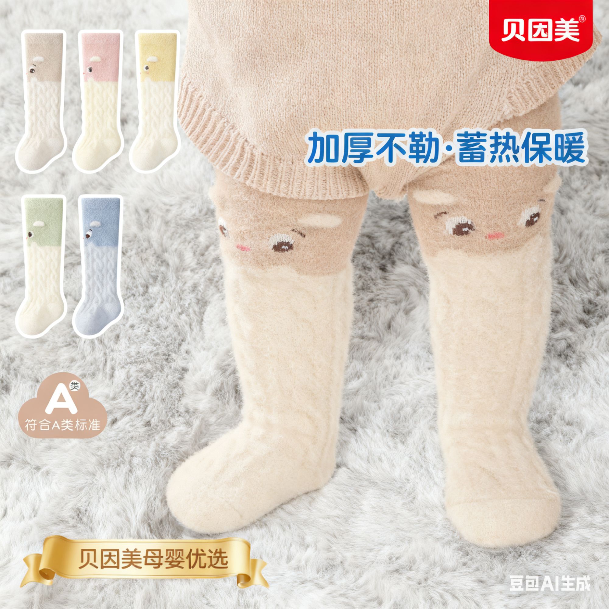 贝因美婴幼儿长筒袜新生儿卡通毛绒袜子A类抗菌婴儿绒亲肤保暖袜