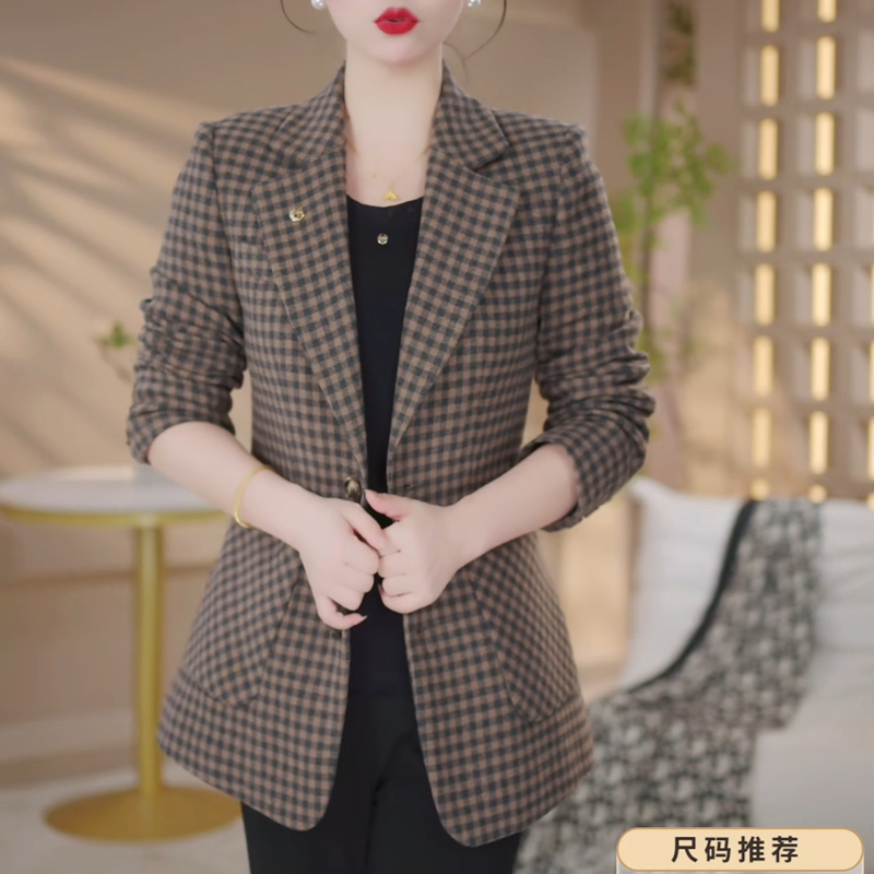 西装外套女2025年早秋气质修身新款韩版翻领两粒扣休闲格子小西服