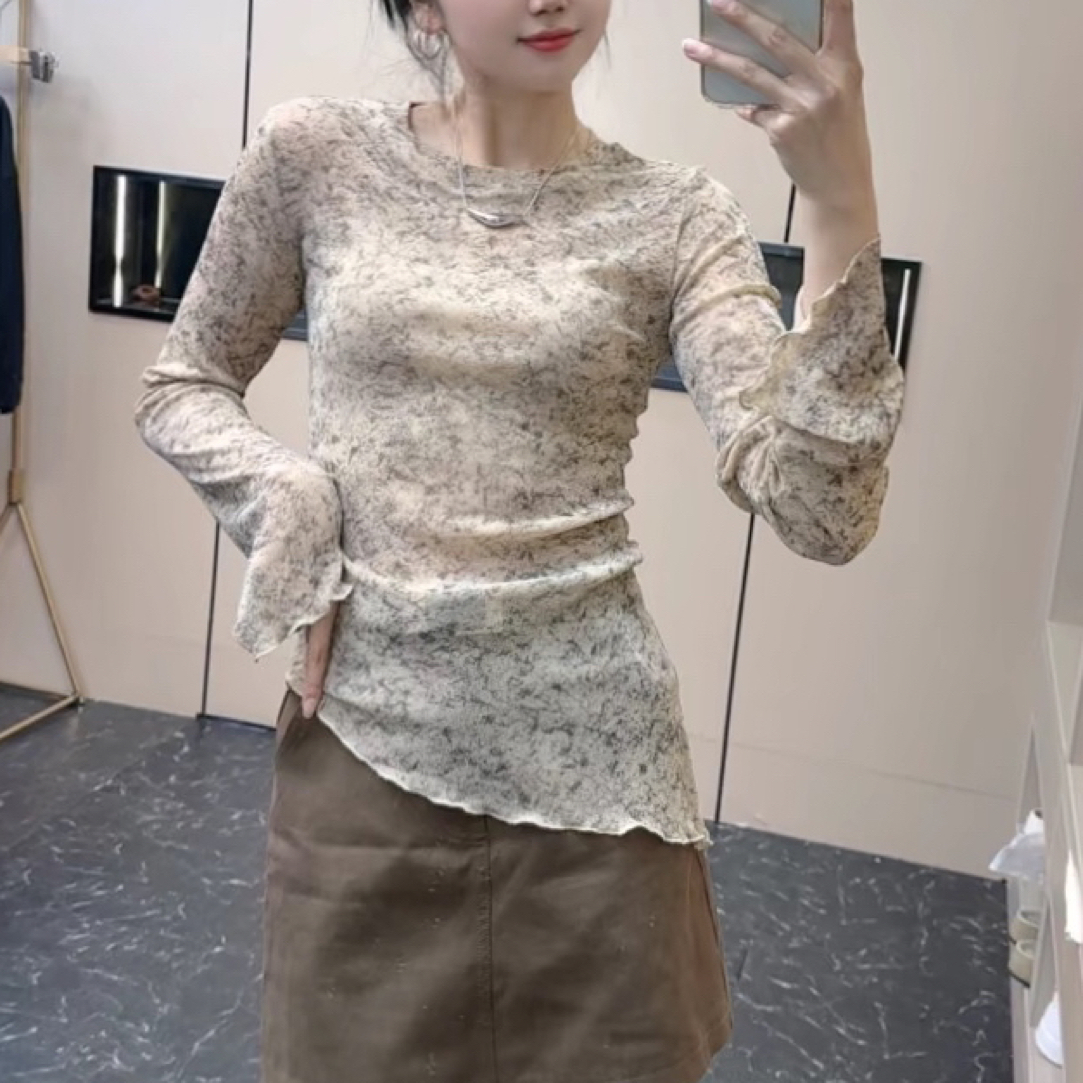 碎花纯欲风不规则设计T恤秋季耐脏长袖美拉德风秋季新款洋气百搭