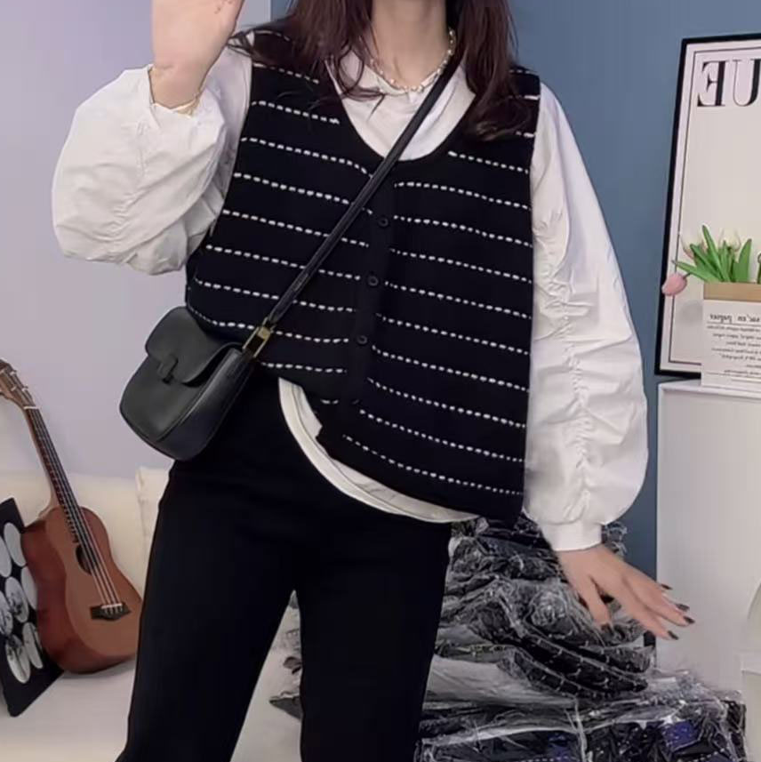 今年流行穿搭2025秋冬新款温柔风褶皱衬衫条纹针织马甲上衣两件套
