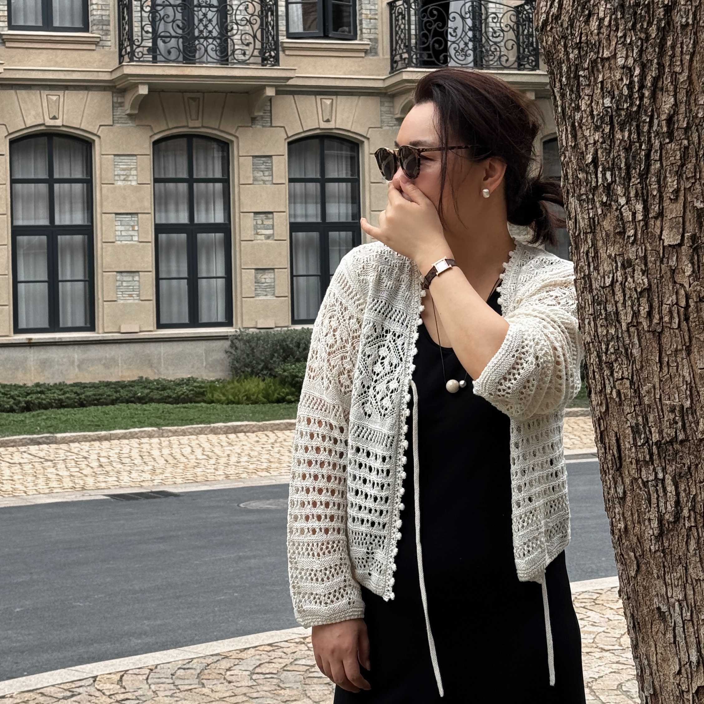 Ms.Qnn“多斯镂空”法式针织开衫长袖镂空V领上衣 39C1020 Q姐