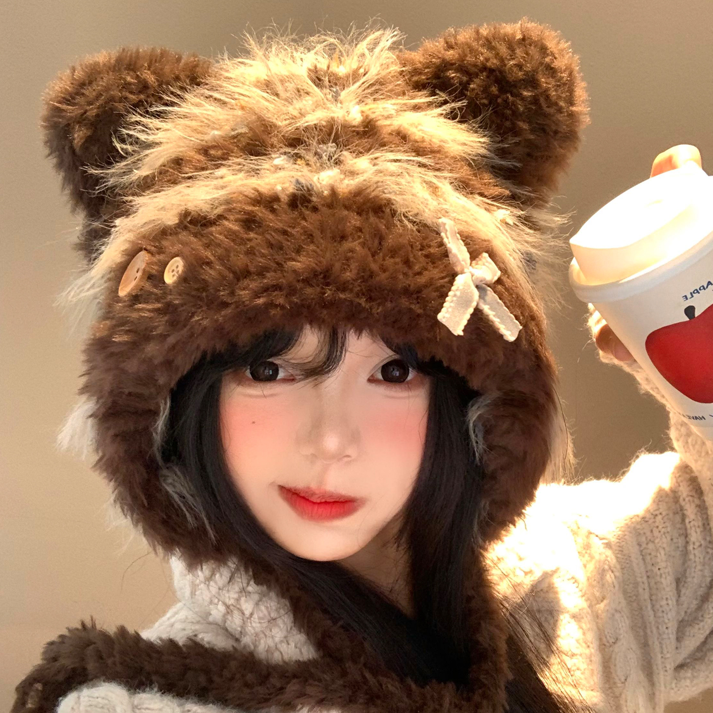 可爱条纹蝴蝶结小熊毛绒针织帽女秋冬显脸小保暖防寒护颈雷锋帽子