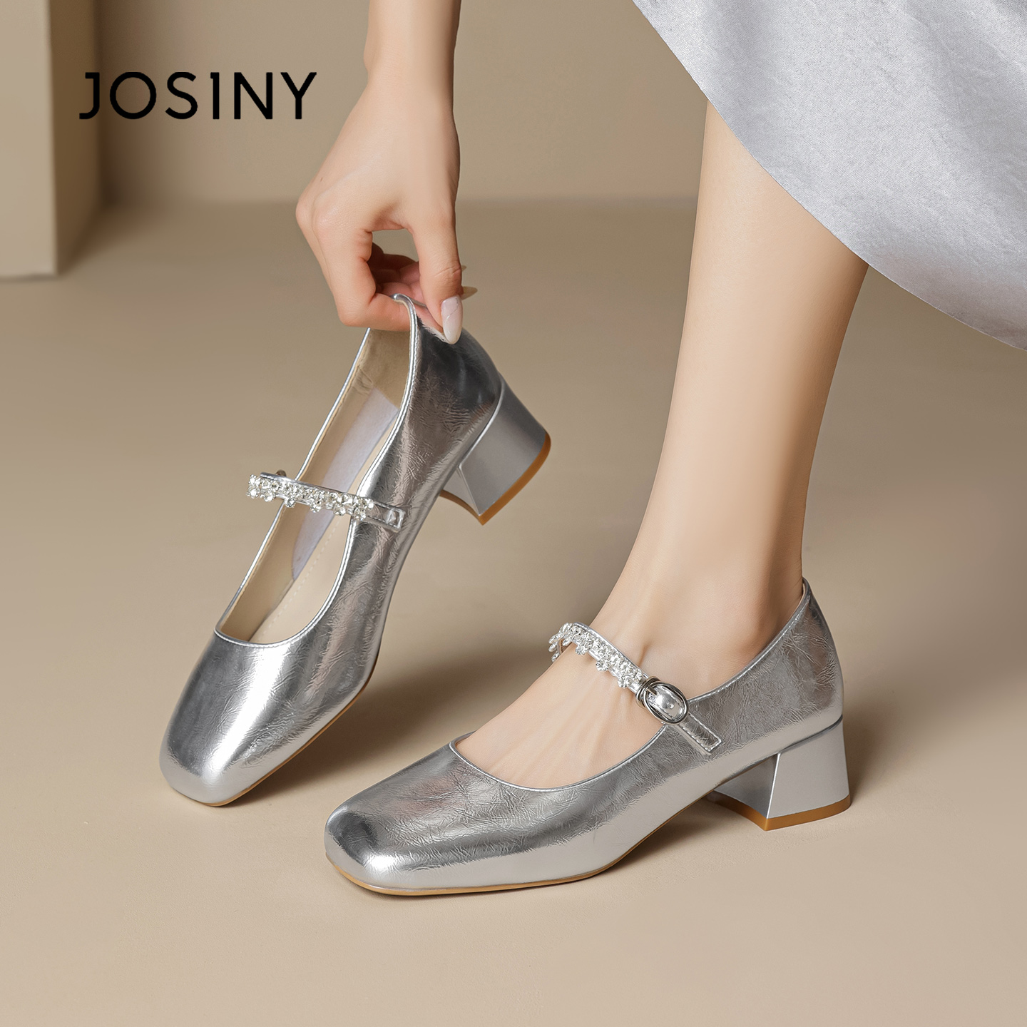 卓诗尼法式一字带单鞋女2025年秋季女鞋高跟鞋小香风玛丽珍鞋子女