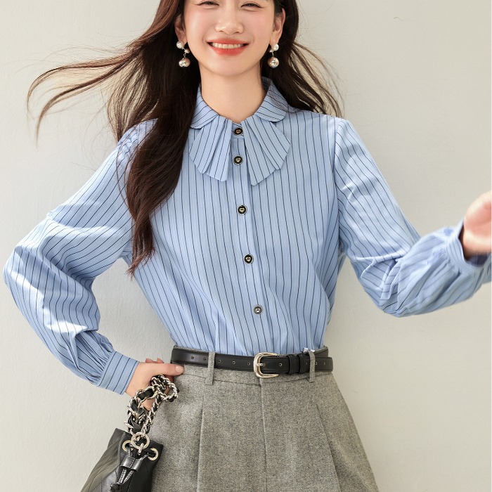 法式蓝色条纹长袖衬衫女秋季新款学院风穿搭衬衣设计高级感上衣春
