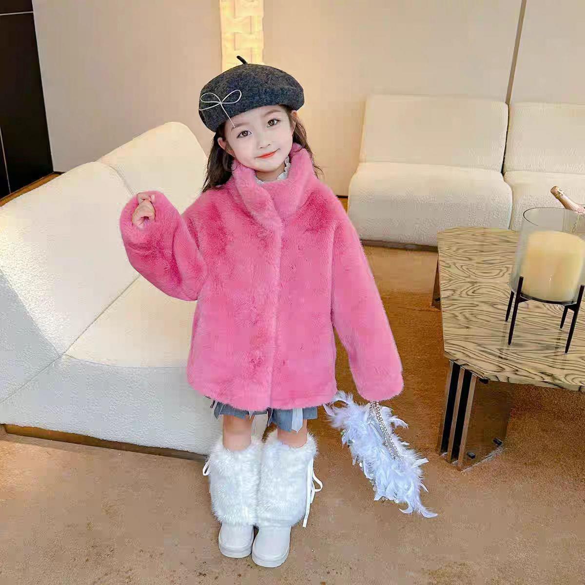 YMB英式【断码】女童皮毛一体仿水貂绒环保皮草外套立领女宝加厚