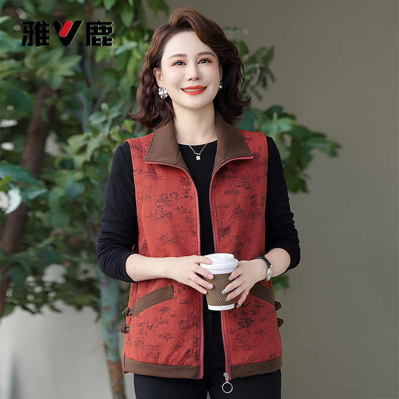雅鹿妈妈秋装马甲2025新款背心翻领上衣中老年女春秋休闲减龄坎肩