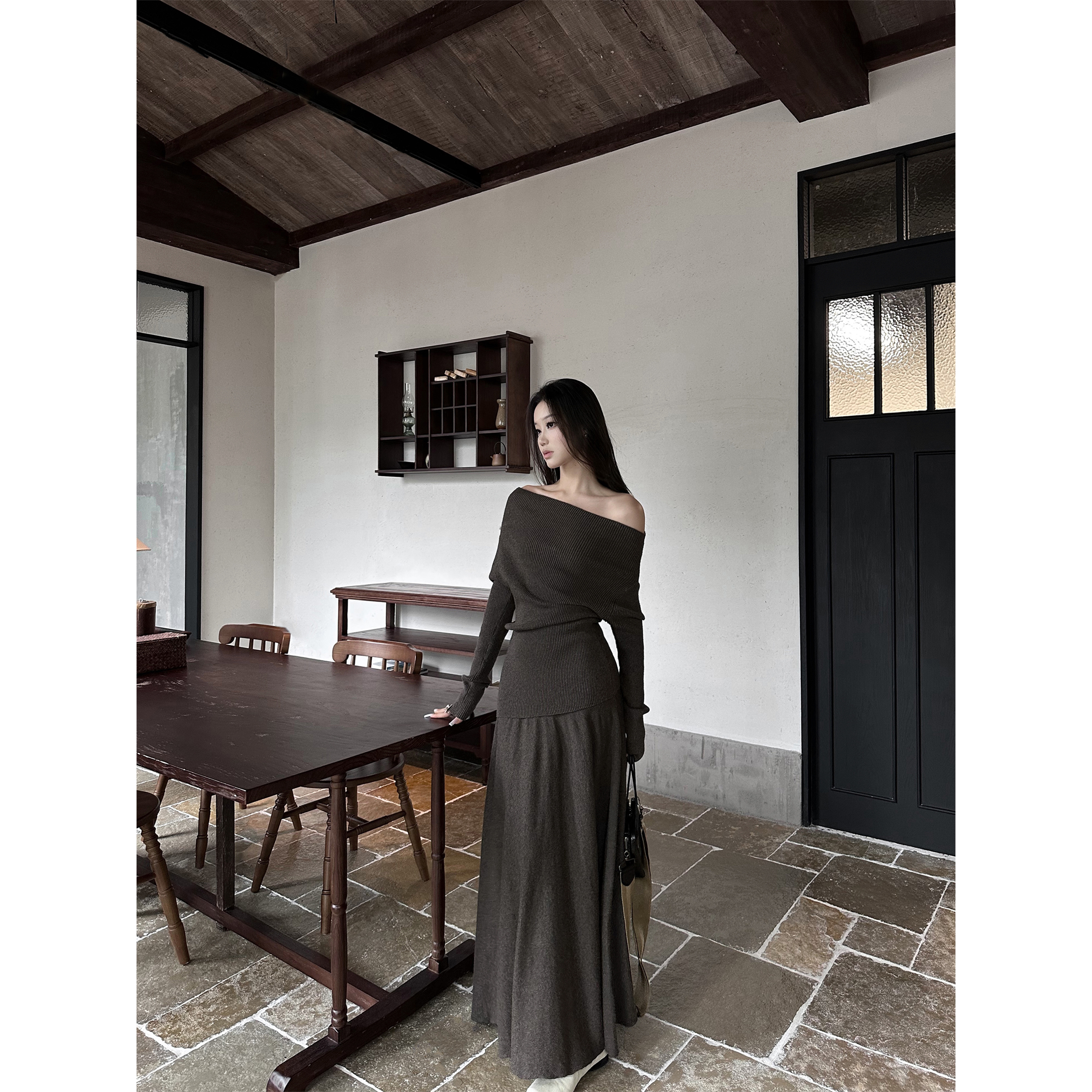 5werkwen ratten系列加色 三穿一字领上衣A摆半裙24-02