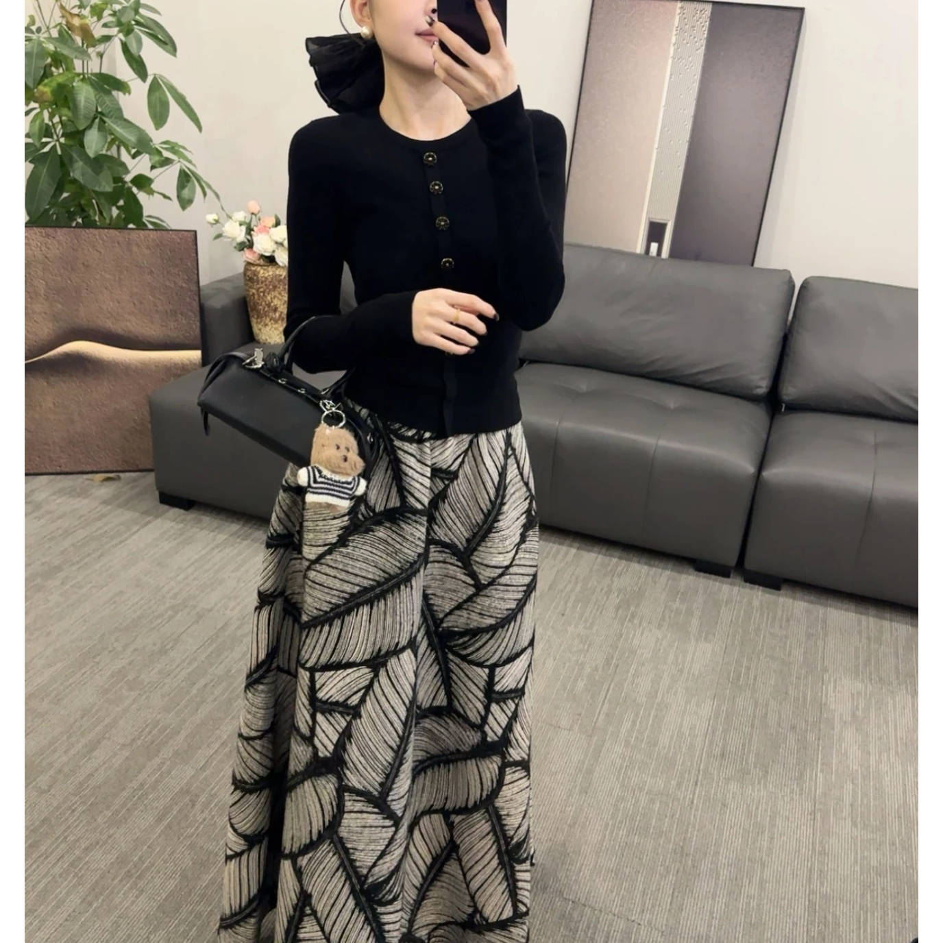 OS&oneshow新款通勤时尚百搭圆领长袖小衫高腰中长款A字裙套