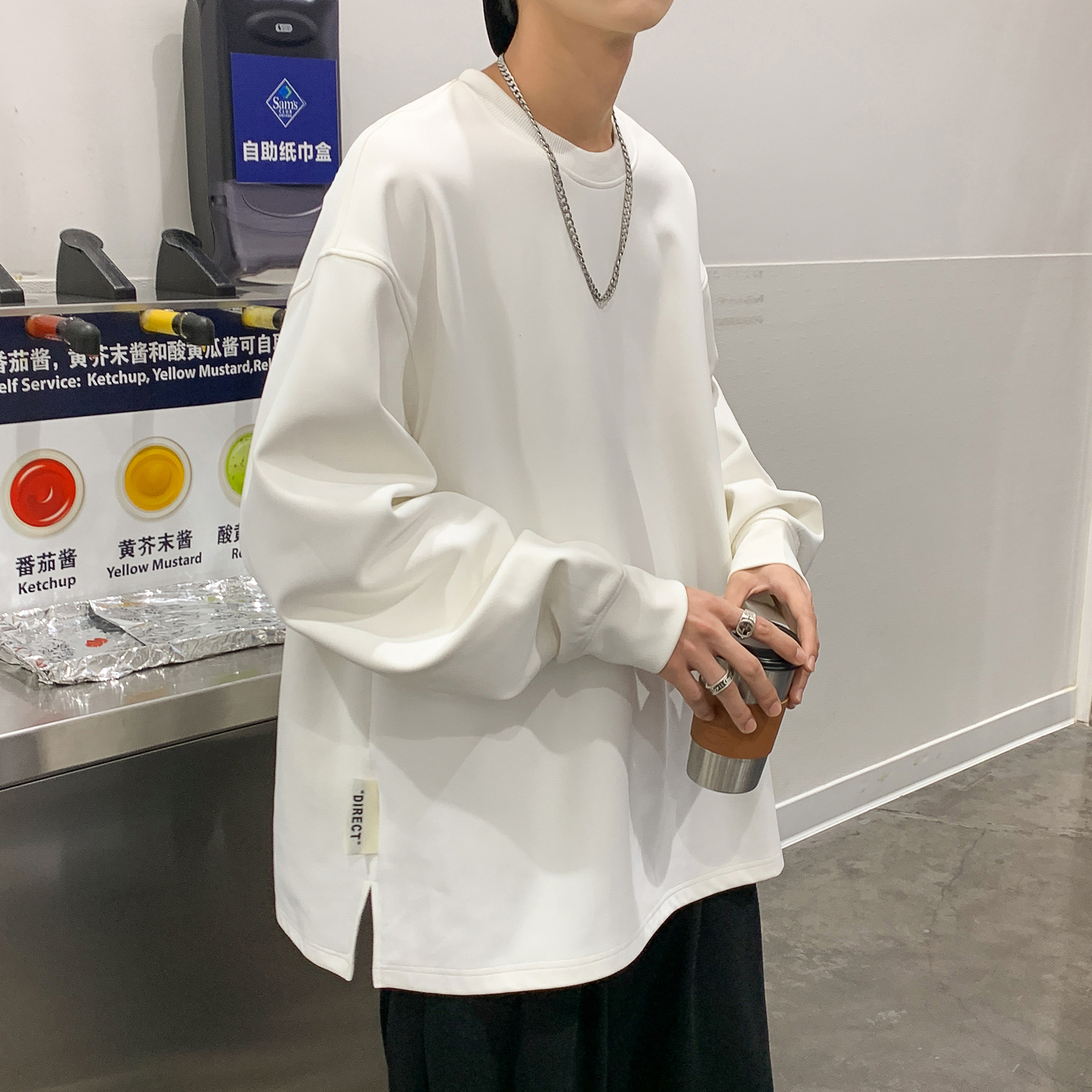 VUUG重磅开叉卫衣男款春秋季宽松大码休闲内搭情侣长袖t恤打底衫