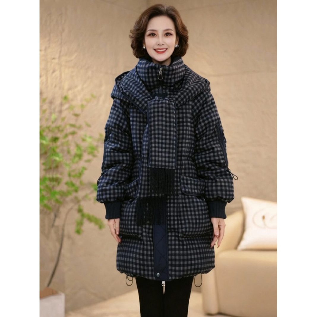 保暖围巾连帽加厚中长款格纹羽绒服 女2025冬季鸭绒新款防寒外套
