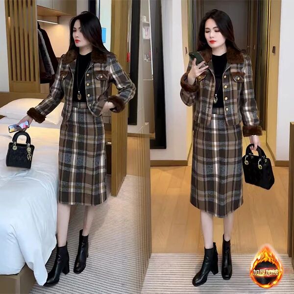 2025秋冬季新款休闲时尚穿搭洋气气质显瘦不挑人加绒格子套装