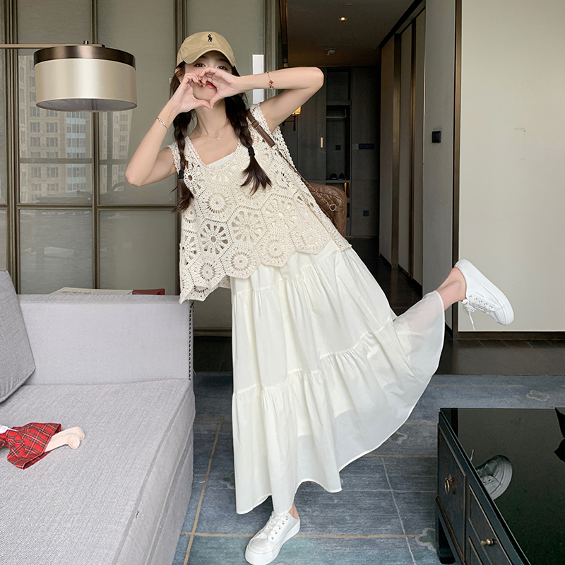 韩版钩花镂空马甲背心裙套装女2025夏季新款高级感显瘦遮肉两件套