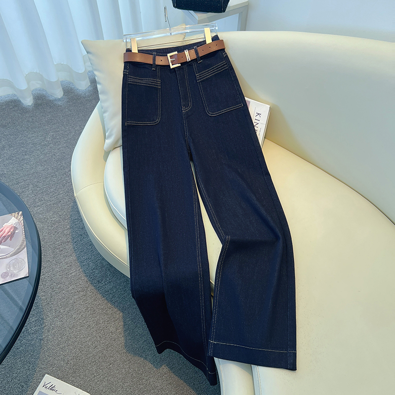 拉夏贝尔丹宁蓝阔腿牛仔裤女春秋2025新款小个子设计感高腰直筒裤