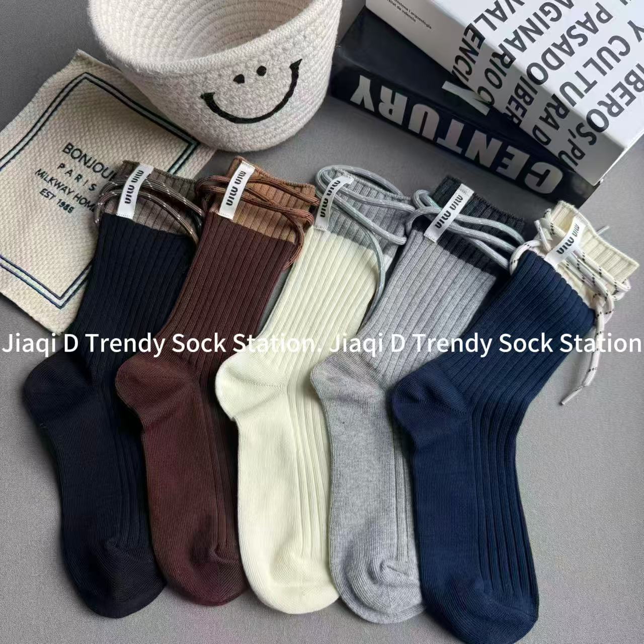 秋季欧货小众设计撞色抽绳ins风潮袜外穿绑带两穿高级感中筒袜