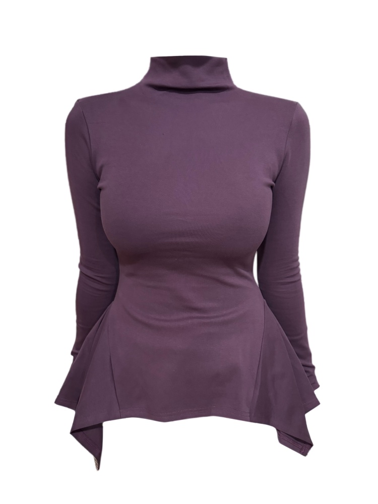 Amy家微胖mm设计感半高领长袖T恤打底衫女秋冬内搭不规则下摆上衣