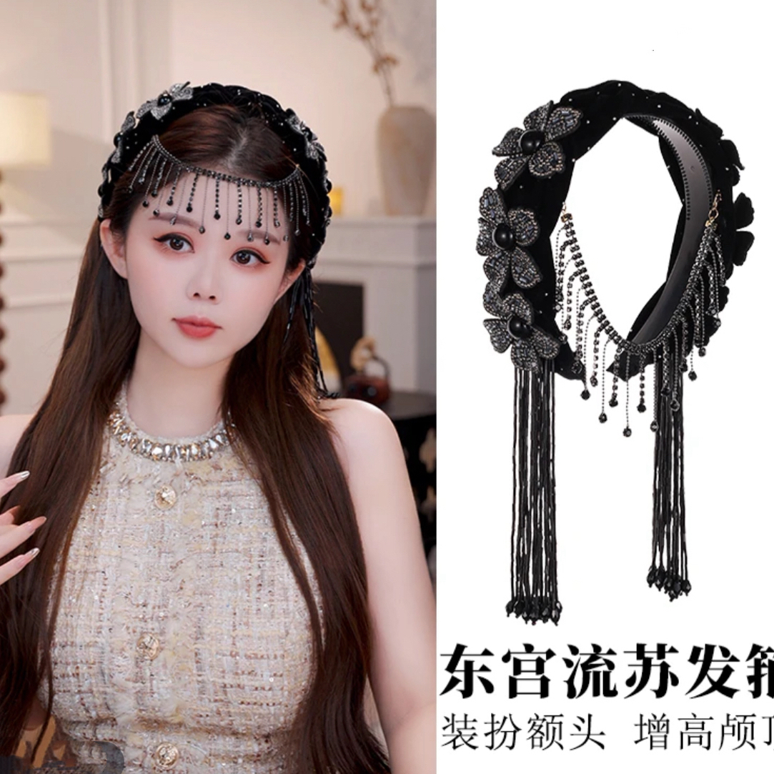 东宫发箍宽边遮发缝立体花朵编织丝绒发饰流苏闪钻异域风情压发箍
