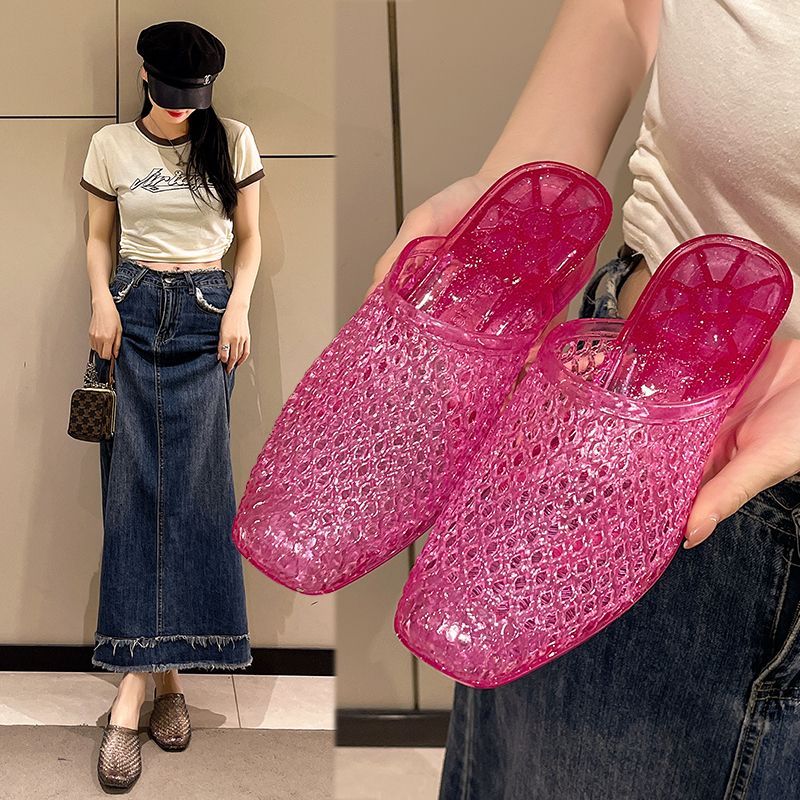 【不吸水防臭脚】高颜值水晶凉拖鞋女士室内居家中跟包头拖鞋5CM