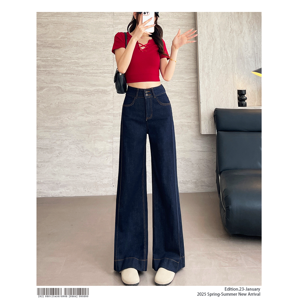 莱赛尔丹宁蓝新款牛仔裤女2025夏高腰不贴腿宽松阔腿喇叭拖地裤子