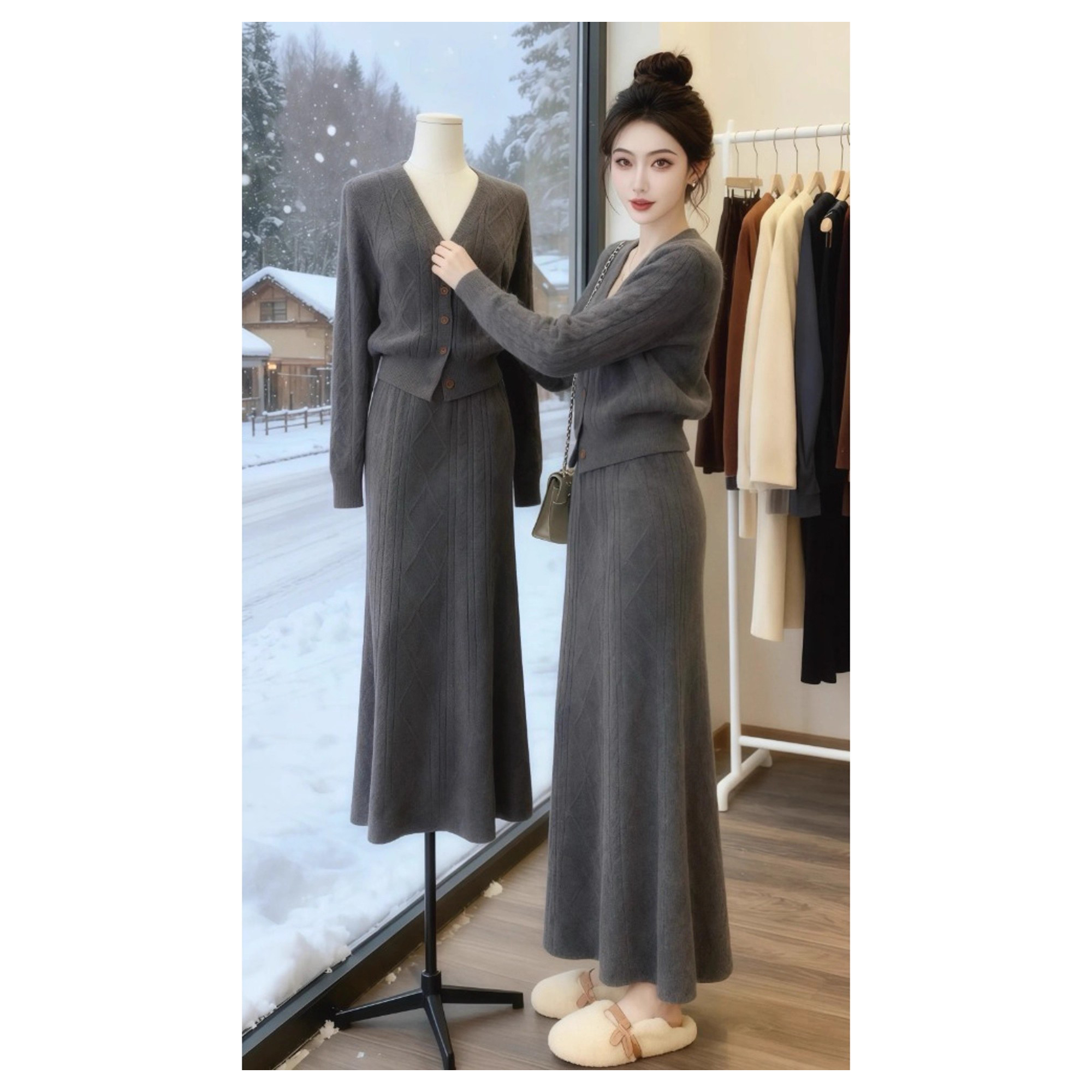 2025冬季超火一整套轻奢高级感大方得体穿搭灰色针织衫两件套装裙