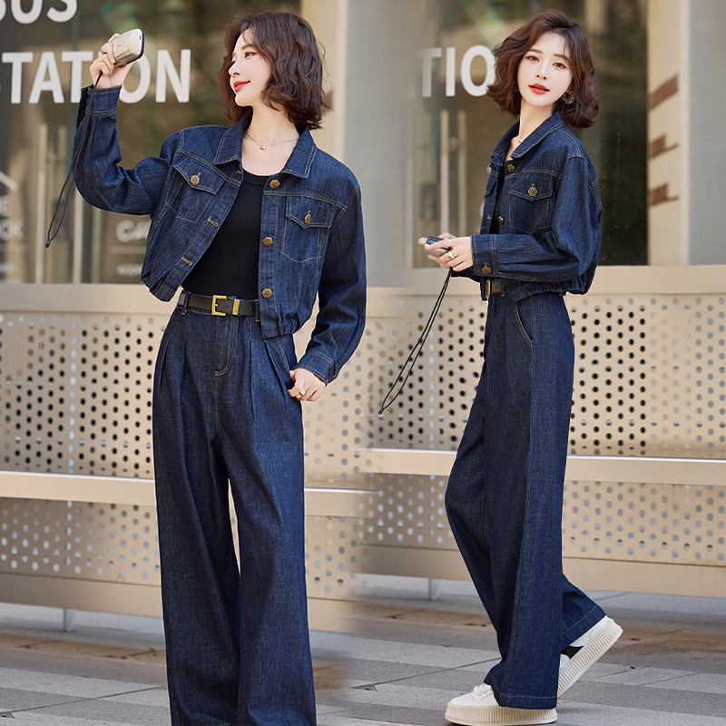 复古休闲工装牛仔套装女2025春秋新款高级感气质减龄阔腿裤两件套