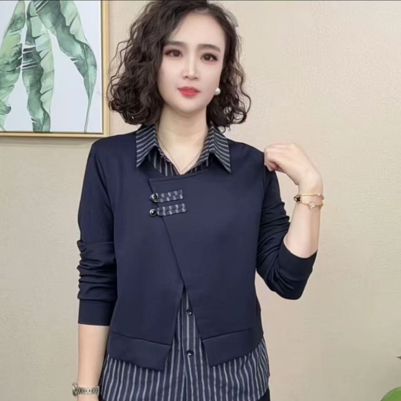 气质翻领女装时尚套装假两件早秋休闲风拼接显瘦洋气长袖#6568