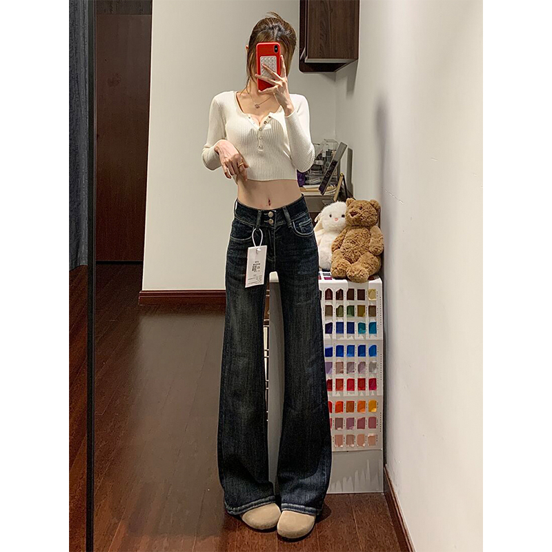 加绒厚款微喇叭牛仔裤女冬季新款复古高腰弹力显瘦保暖直筒长裤子