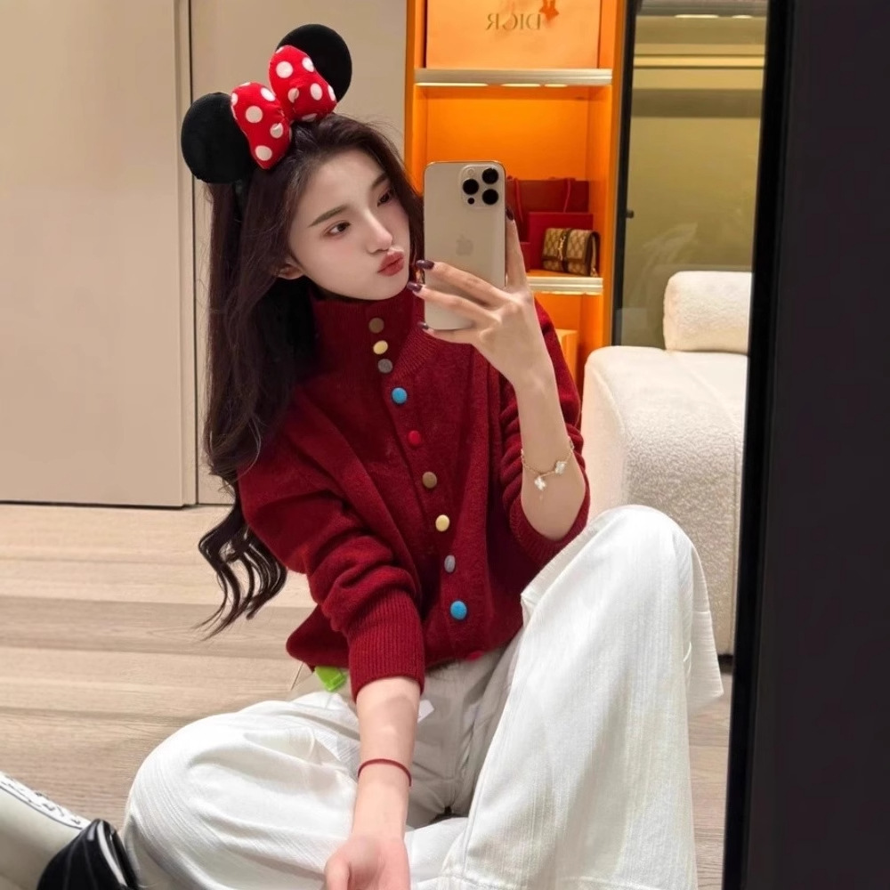 超好看彩色纽扣高领针织开衫女2025秋冬新款洋气时尚减龄长袖上衣