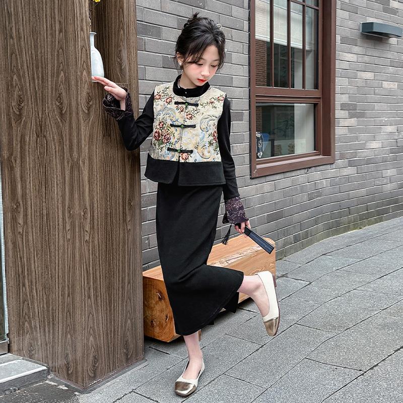商场撤柜汉服女童新中式套装2025春季新款儿童中国风三件套女孩国