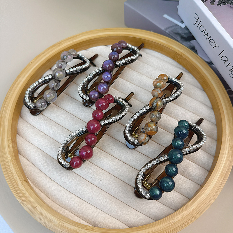 新款8字带钻晕染珠珠发夹一字夹气质优雅后脑勺盘发半披发扭扭夹